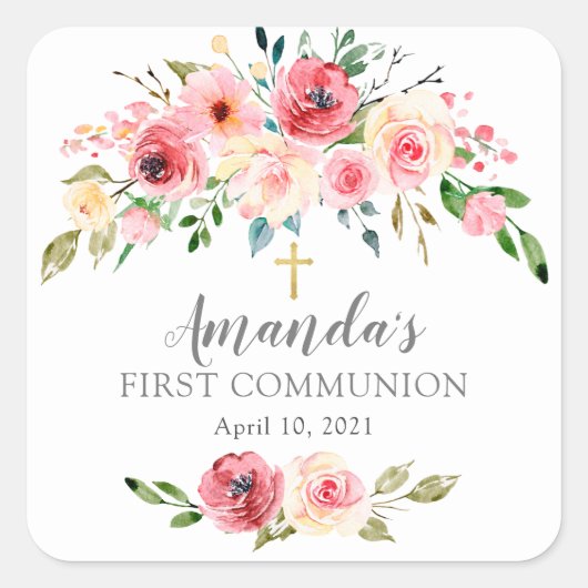 Peonies Rose Floral First Communion Sticker (Devant)