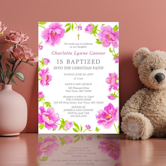 Peonies roses Baptême Invitation