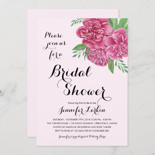 Peonies roses Invitation à la douche nuptiale (Devant / Derrière)