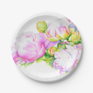 Peonies, roze, wit, waterverf schilderij papieren bordje