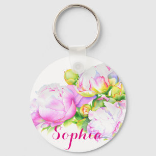 Peonies, roze, wit, waterverf schilderij sleutelhanger