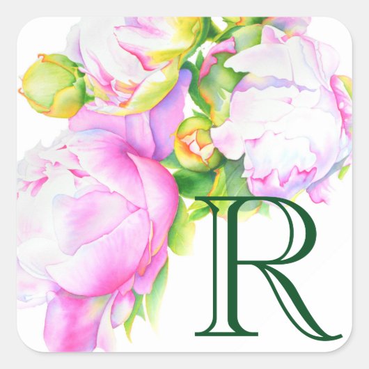Peonies, roze, wit, waterverf schilderij vierkante sticker (Voorkant)