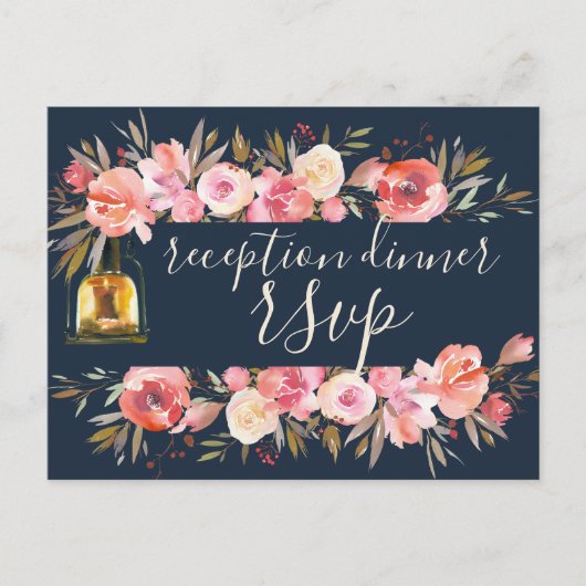 Peonies Rustic Navy Coral Floral Reception Uitnodiging Briefkaart (Voorkant)
