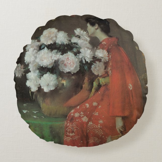 Peonies van William Merritt Chase,  kunst Rond Kussen (Voorkant)