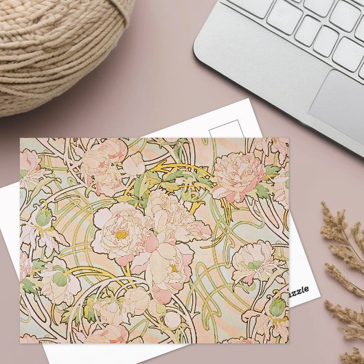 Peonies Waterverf Alphonse Mucha Briefkaart