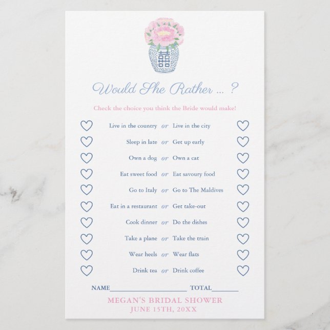 Peonies Would She Rather Bridal Shower Game Card (Voorkant)
