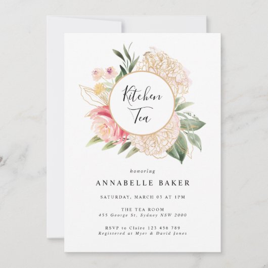 Peony and Gold Foil Fom Kitchen Tea Invitation (Devant)