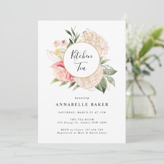Peony and Gold Foil Fom Kitchen Tea Invitation (Debout devant)