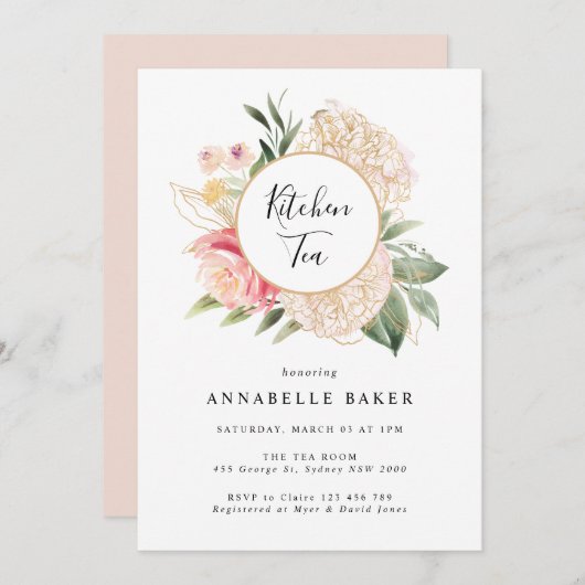 Peony and Gold Foil Fom Kitchen Tea Invitation (Devant / Derrière)