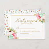 Peony Aquarelle Elegant Gold Frame Wedding RSVP (Devant / Derrière)