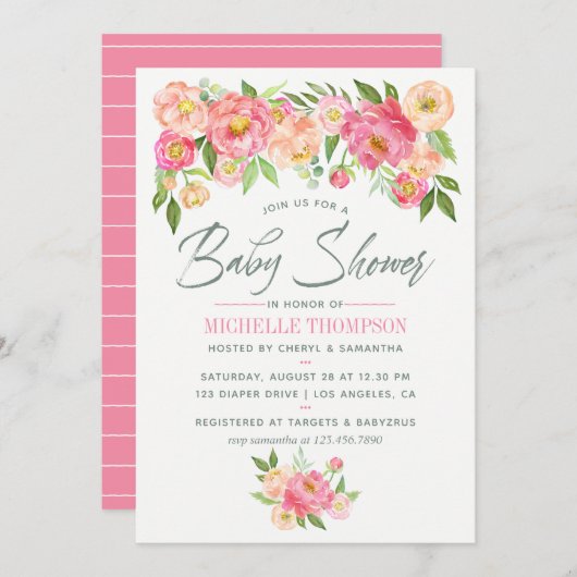 Peony Baby shower-uitnodiging Kaart (Voorkant / Achterkant)