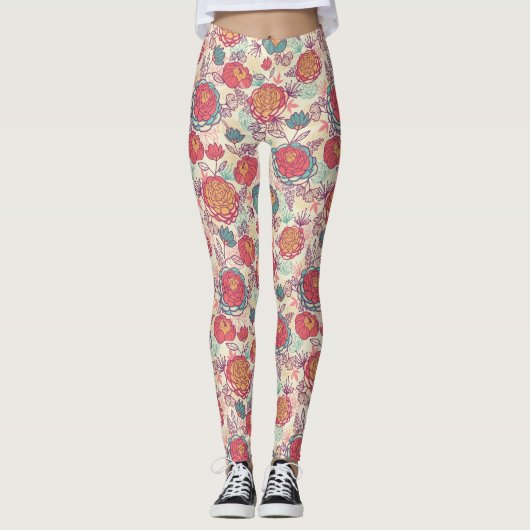 Peony-bloemen en -bladeren leggings (Voorkant)