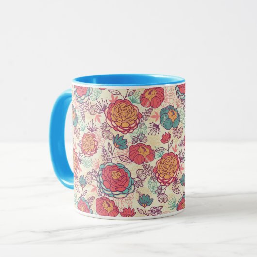 Peony-bloemen en -bladeren mok (Voorkant links)