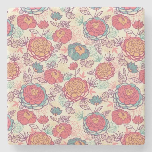 Peony-bloemen en -bladeren stenen onderzetter (Voorkant)