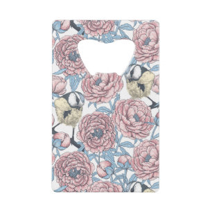 Peony-bloemen en -vogels kredietkaart flessenopener