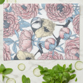 Peony-bloemen en -vogels theedoek (Gevouwen)