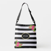 Peony bloemen op zwarte en witte streep crossbody tas (Achterkant)