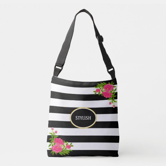 Peony bloemen op zwarte en witte streep crossbody tas (Voorkant)