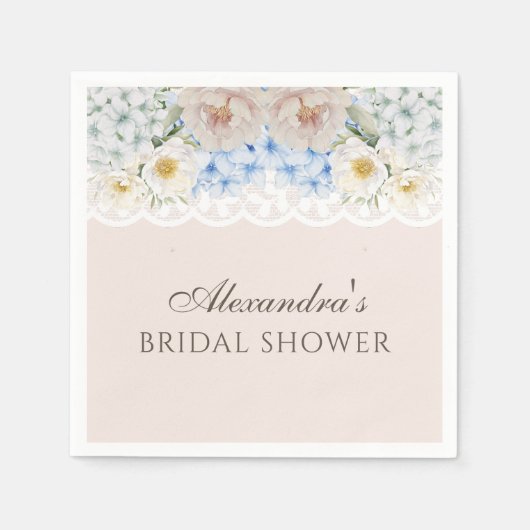 Peony Blue Hydrangea Vrijgezellenfeest Papier serv Servet (Voorkant)