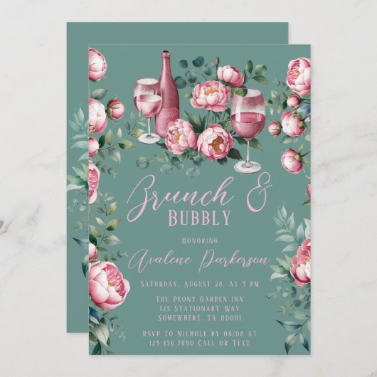 Peony Boeket In Waterverf Brunch En Bubbly Kaart (Voorkant / Achterkant)