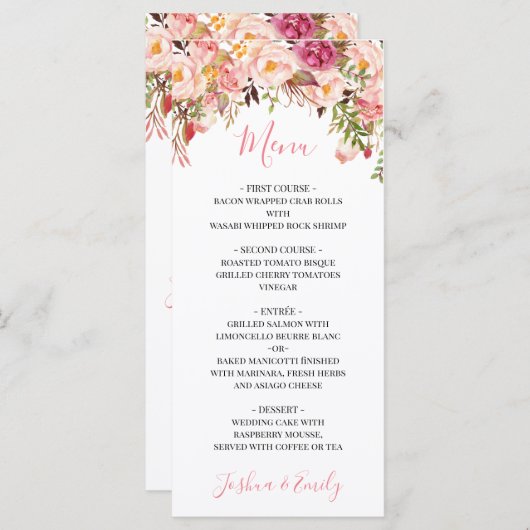 Peony Boho Rose Floral Menu Mariage (Devant / Derrière)