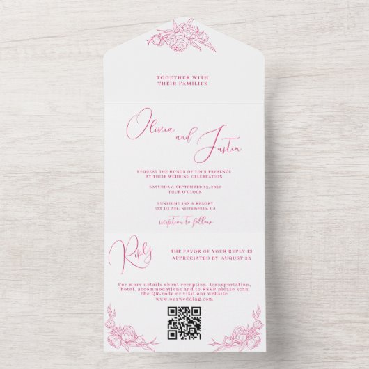 Peony Elegance Wedding All In One Uitnodiging (Binnen)
