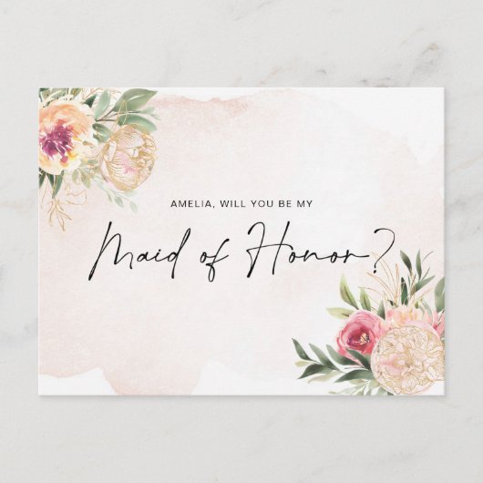 Peony en Gold Bloom Maid of Honor Post Card Briefkaart (Voorkant)