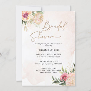 Peony en Gold Flowers Bridal Shower Invitation Kaart