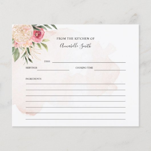 Peony en Gold Flowers Name Recipcard (Voorkant)