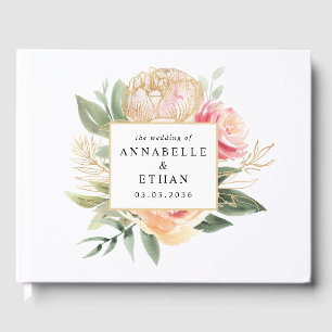 Peony en Gold Flowers Wedding Guest Book Gastenboek