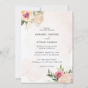 Peony en Gold Flowers Wedding Invitation Kaart