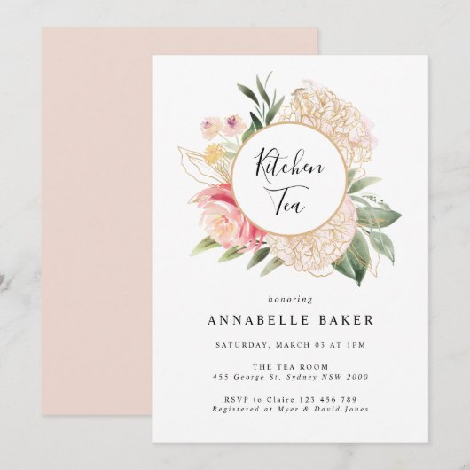 Peony en Gold Foil Bloom Kitchen Tea Invitation Kaart (Voorkant / Achterkant)