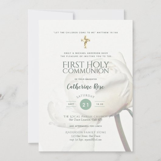 PEONY First Holy Communion Invitation SAGE (Devant)