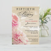 Peony Floral 50th Birthday Party Invitation Tan Kaart (Staand voorkant)
