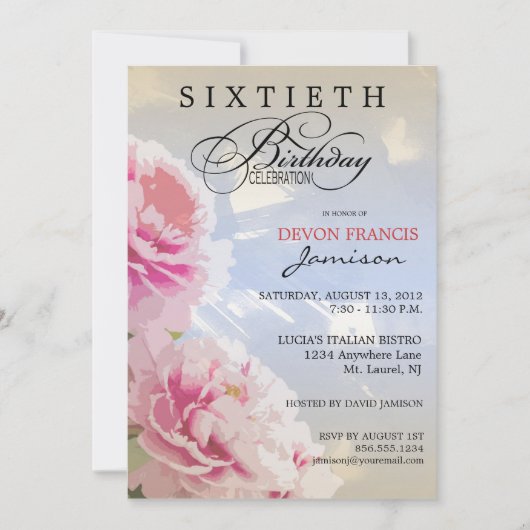 Peony Floral 60e anniversaire Invitation Blue (Devant)
