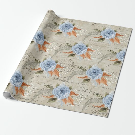 Peony Floral Dusty Blue  Script Ephemera Cadeaupapier (Uitgerold)