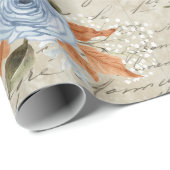 Peony Floral Dusty Blue  Script Ephemera Cadeaupapier (Rol Hoek)