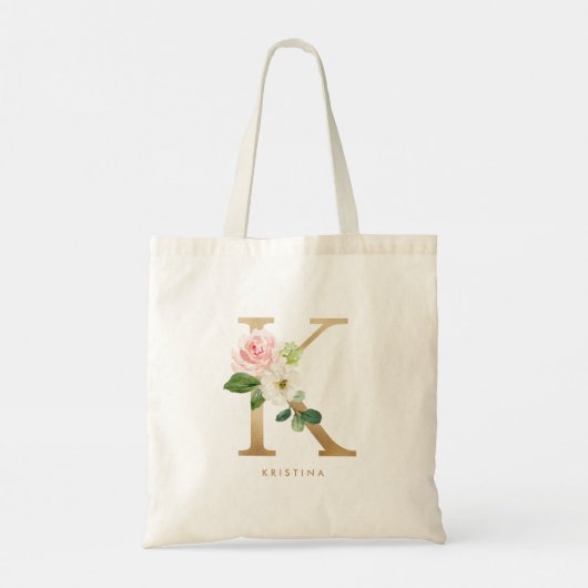 Peony Floral Letter K Gold Monogram Bridesmaid Tote Bag (Achterkant)