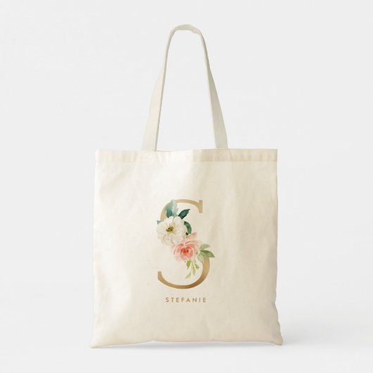 Peony Floral Letter S Gold Monogram Bridesmaid Tote Bag (Achterkant)