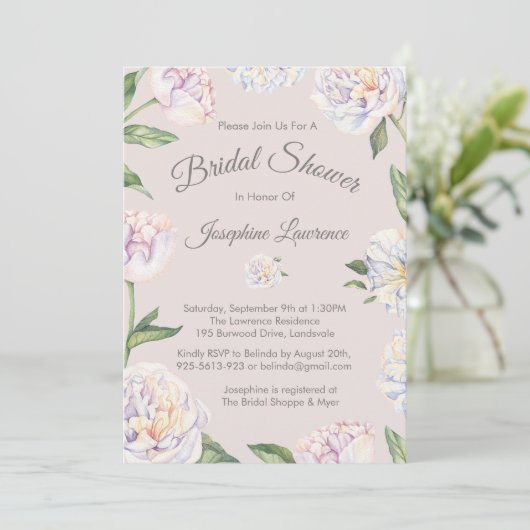 Peony Floral Mauve Invitations de douche nuptiale (Debout devant)