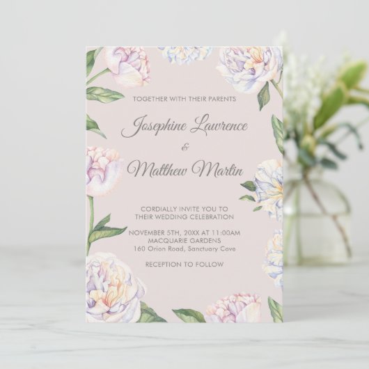 Peony Floral Mauve Mariage Invitations (Debout devant)