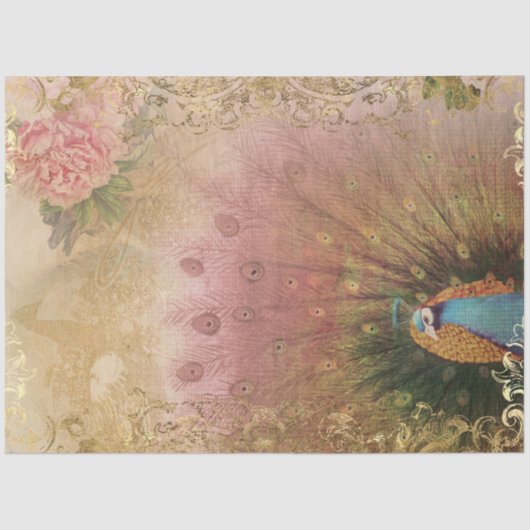 Peony Floral Peacock Blush Pink Gold Decoupage Tissuepapier (Voorkant)