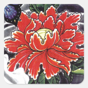 Peony Flower Japans tattoo design Vierkante Sticker