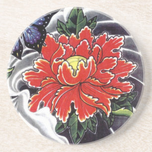 Peony Flower Japans tattoo design Zandsteen Onderzetter