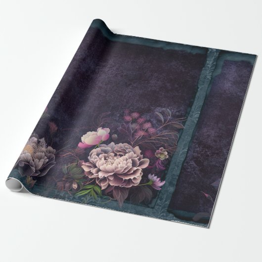 Peony Flowers op Dark Paars Cadeaupapier (Uitgerold)