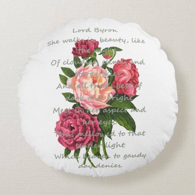  Peony Flowers & Romantic Byron Poem Rond Kussen (Voorkant)