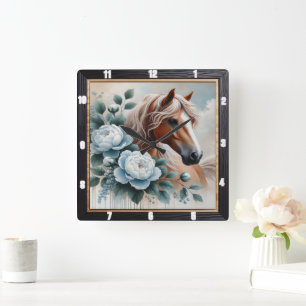 Peony Horse Bloemen uurwerk Vierkante Klok