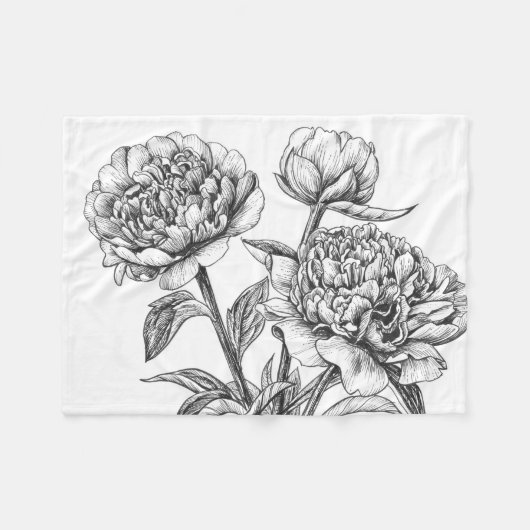Peony-inkttekening Fleece Deken (Voorkant (Horizontaal))