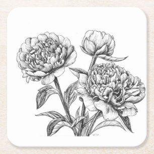 Peony-inkttekening Vierkante Kartonnen Onderzetter