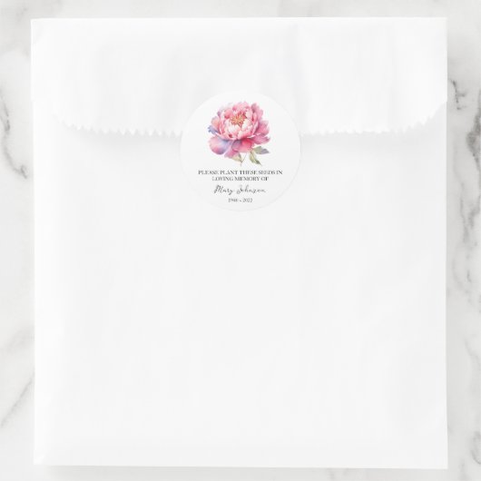 Peony Memorial Funeral Seed Packet Ronde Sticker (Tas)